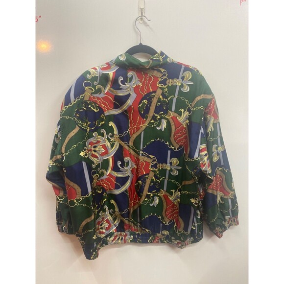 Vtg FUDA International Jacket L Silk Bomber Shoulder Pads Equestrian 90s - Picture 2 of 10